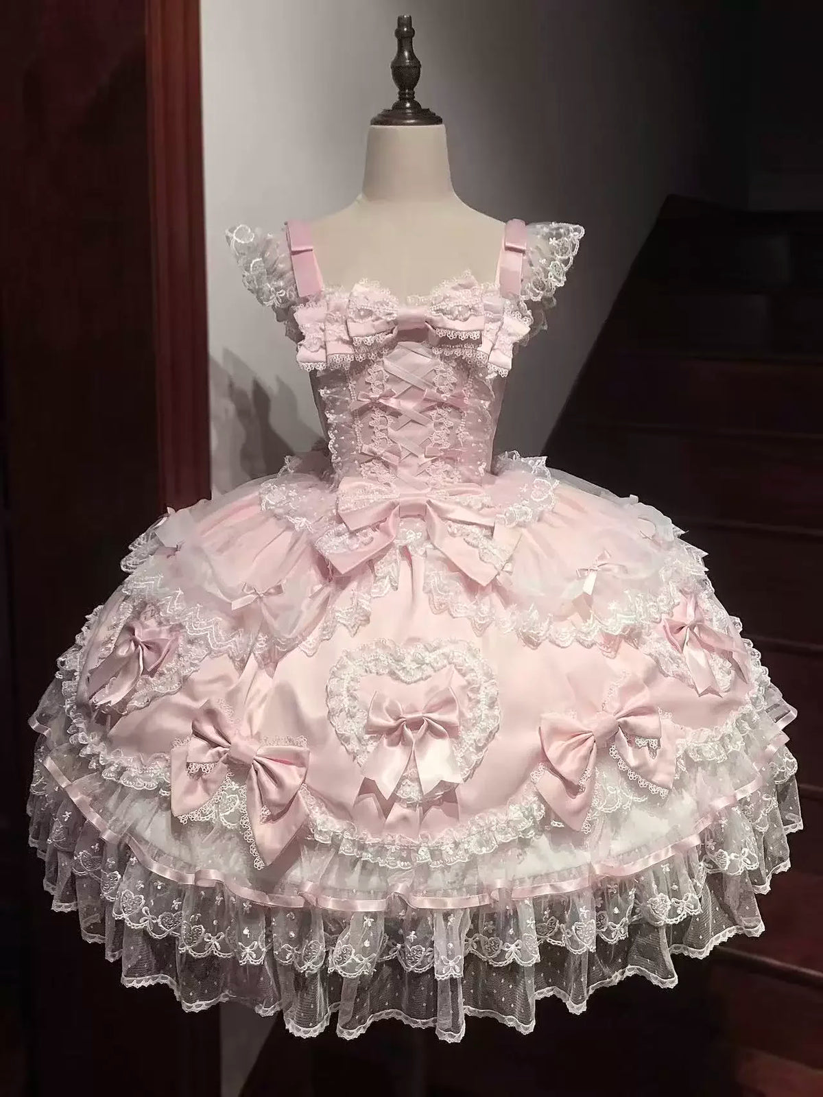 Sweet Lolita JSK Dress Set – Lace, Bow, Spaghetti Strap, Square Collar, A-Line