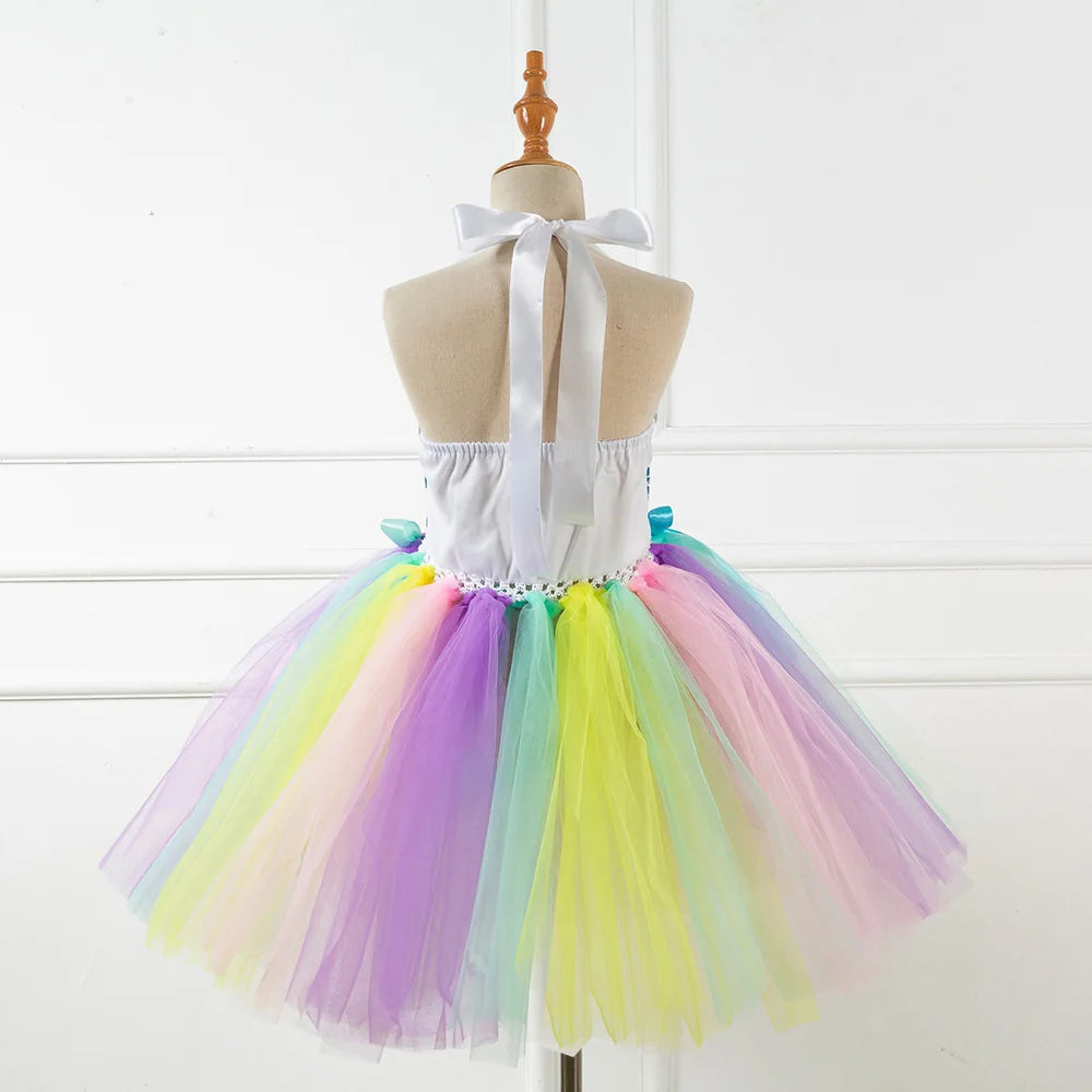 Kids Girls Cosplay Party Dress Princess Dress Up Mermaid Tulle Tutu Dresses Theme Birthday Party Costume with Flower Headband