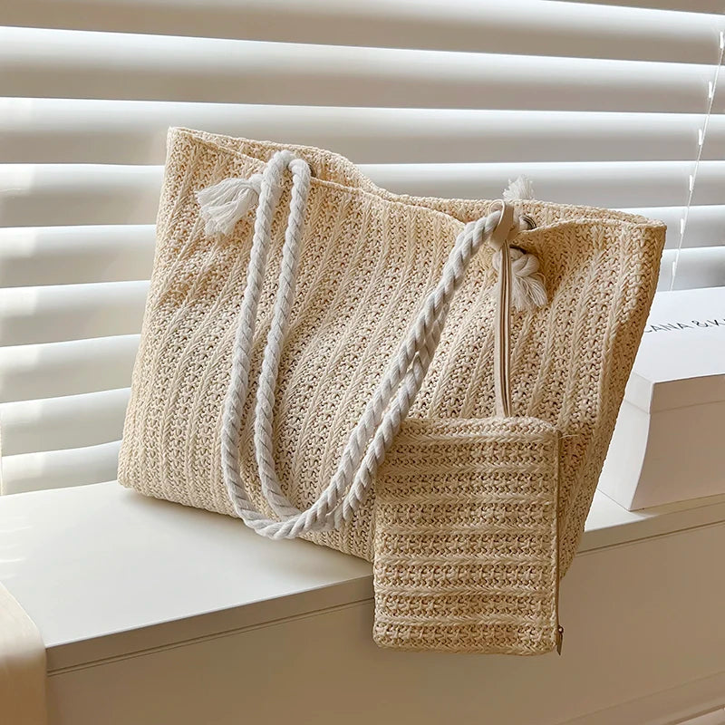 Designer Women’s Straw Tote | Sophisticated Large Capacity Beach Bag | Elegant Casual Bali-Inspired Purse | Luxury "Dignified" Woven Straw Handbag with Secure Hasp Closure Luxegan