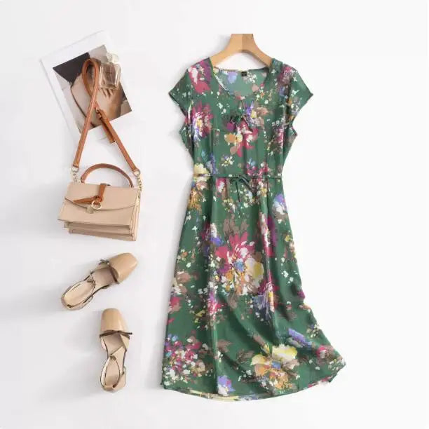 Print Round Neck Flare Sleeve Loose Straight Midi Dress – Mulberry Silk, Summer