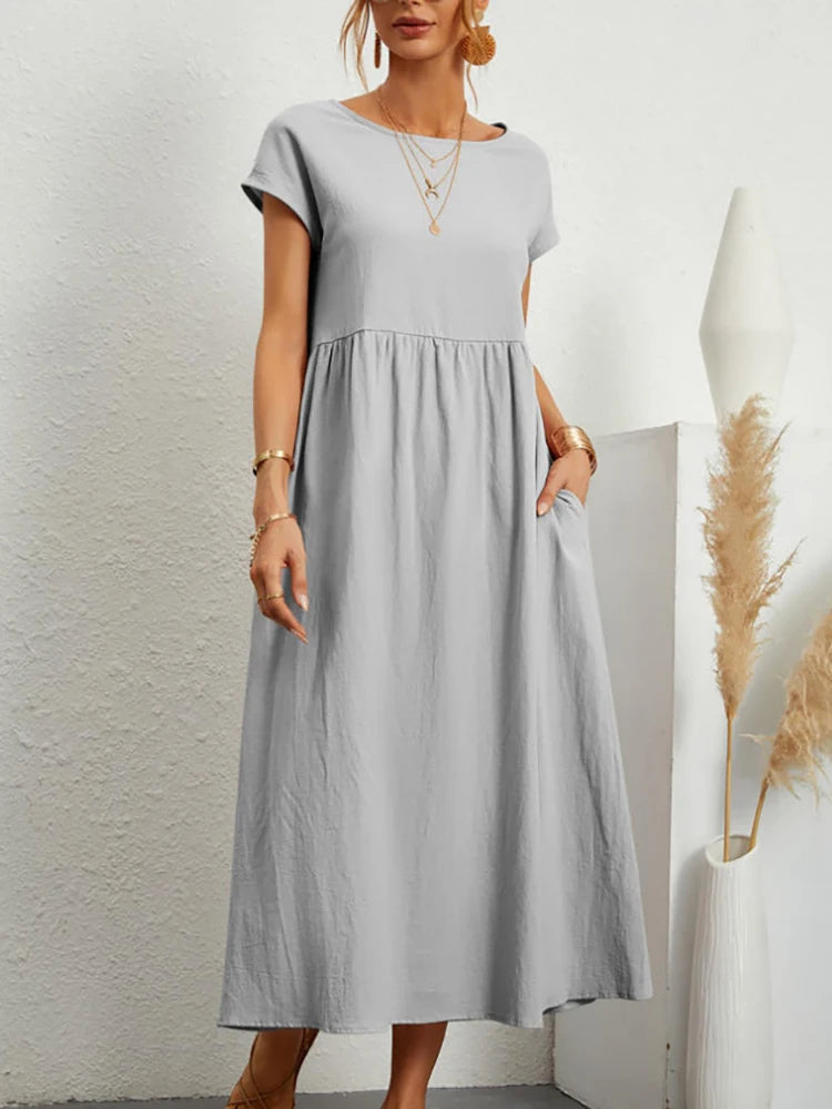 Women's Elegant Solid Maxi Dress | Vintage Harajuku Cotton Linen Long Dress | Summer Short Sleeve O-Neck Loose Sundress | Premium Y2K Minimalist Pocketed A-Line Luxegan