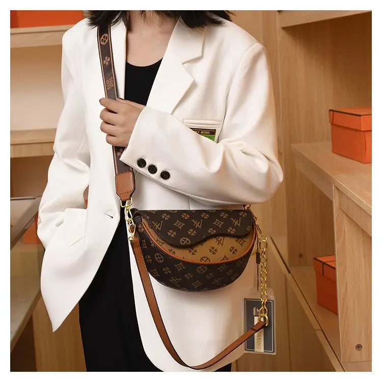 Designer Luxury Saddle Shoulder Bag | Sophisticated Letter-Patterned Clutch | Elegant Japanese & Korean Inspired Travel Tote | "Dignified" Hard-Shell PU Purse with Flap-Pocket Utility Luxegan