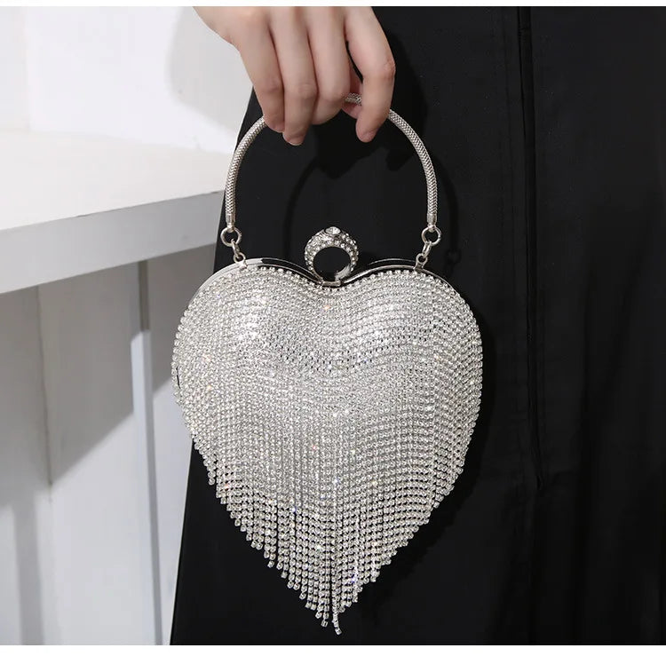 Rhinestone Evening Bag | Heart Pattern Silver Handbag & Diamond Tassel Clutch Luxegan