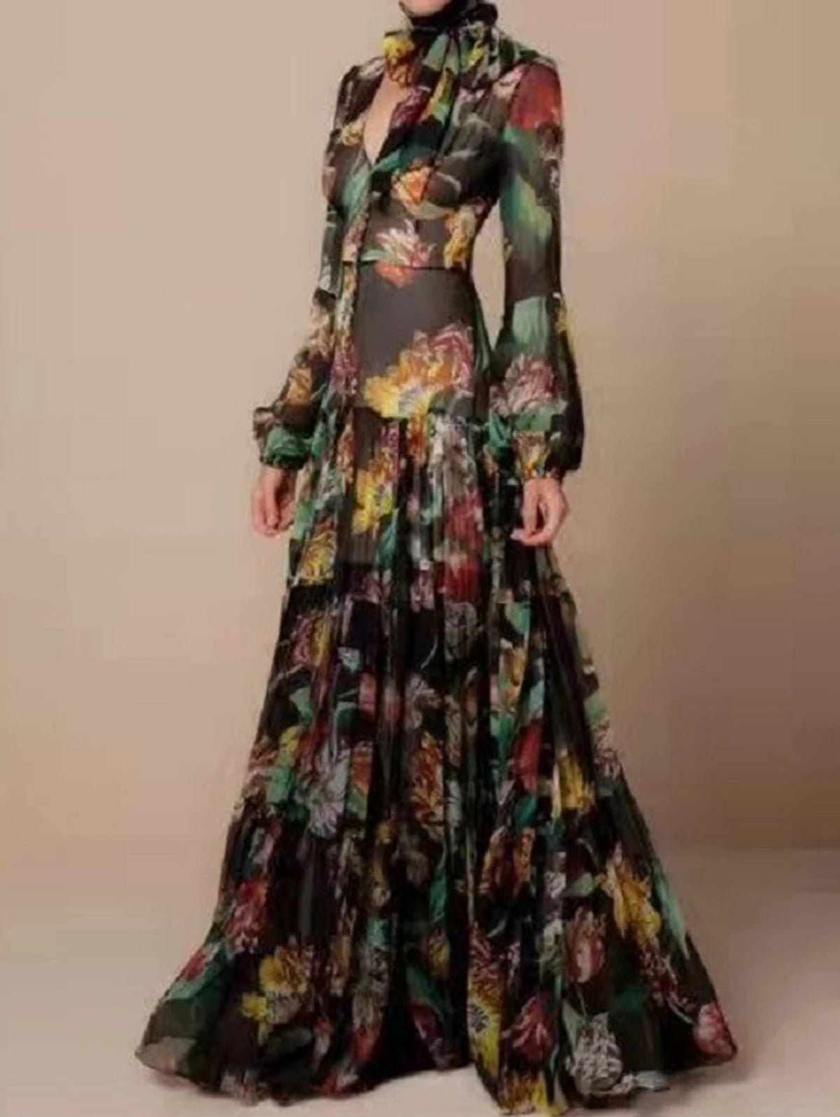 Print V-Neck Long Sleeve Regular Fit A-Line Floor-Length Dress – Natural Waist, Spring/Summer Luxegan