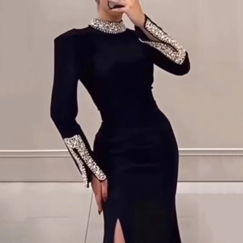 Elegant Solid High Slit Party Dress Temperament Long Sleeve Slim Evening Gala Dress Turtleneck Rhinestone Banquet Dress Women