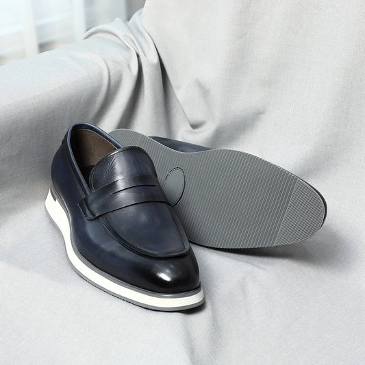 Classy Men's Genuine Cow Leather Penny Loafers | Blue & Black Casual Business Flats (Breathable) Luxegan