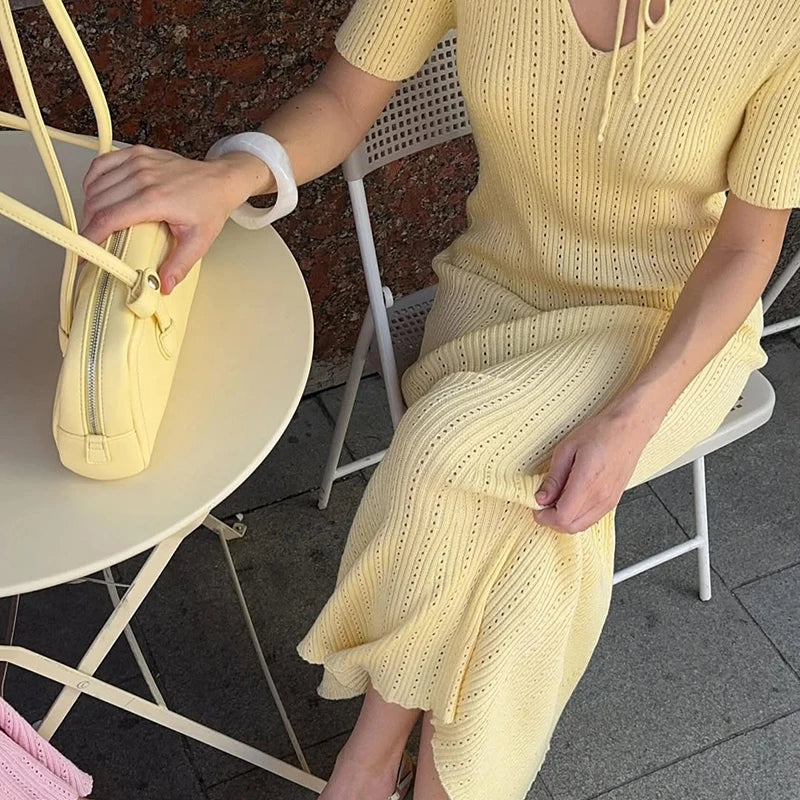 Solid Stand Collar Short Sleeve Slim Fit A-Line Knit Dress – Natural Waist, Summer | Short & Long