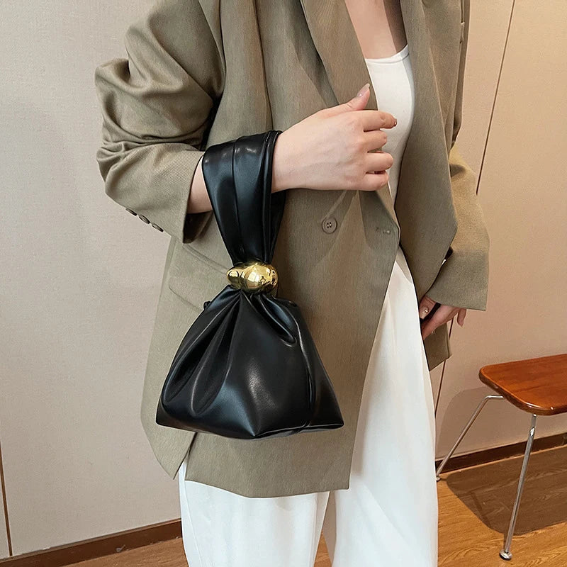 Design Mini PU Leather Dumpling Clutch | Sophisticated Niche Knotted Handbag | Elegant Retro Shoulder Bag for Women | Fashion-Forward Soft Wrist Purse & Unisex Fashion Handbag Luxegan