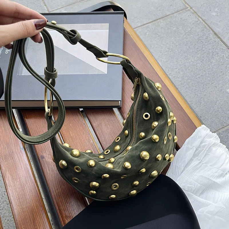 Women's Trendy Punk Style Rivet Crescent Bag | Premium Faux Suede Crossbody Handbag | New Arrival Luxury Half-Moon Shoulder Purse | Soft Gothic Hobo Bag with Polyester Lining Luxegan