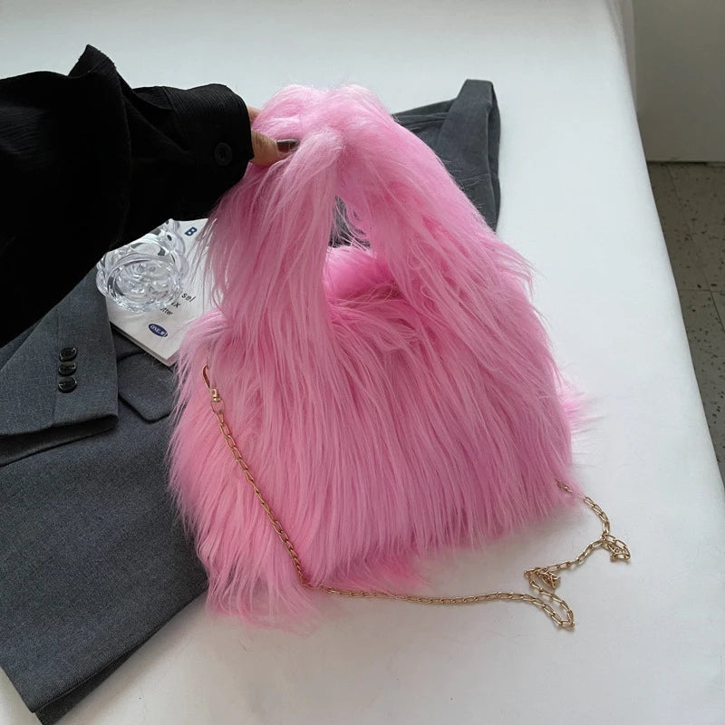Soft Plush Faux Fur Handbag | Winter Chain Crossbody & Clutch Luxegan