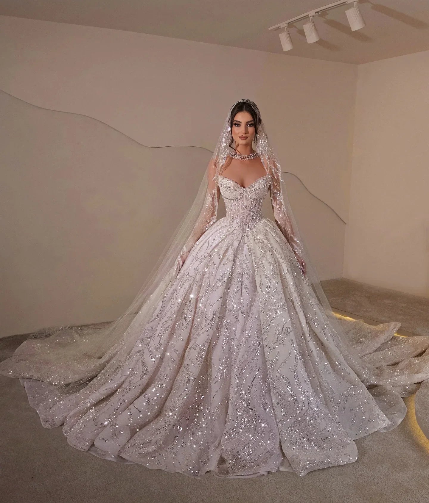 Luxury Sparkling Princess Wedding Dress | Customized Pearl Bridal Ball Dress | Strapless Sleeveless V-Neck Satin A-Line Bridal Gown with Sweep Train Luxegan
