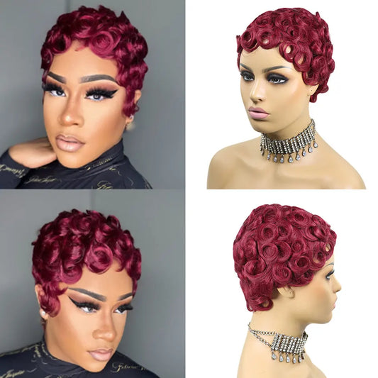 99J Burgundy & Natural Black Pixie Cut Wig | 150% Density Glueless Remy Human Hair Bob Luxegan