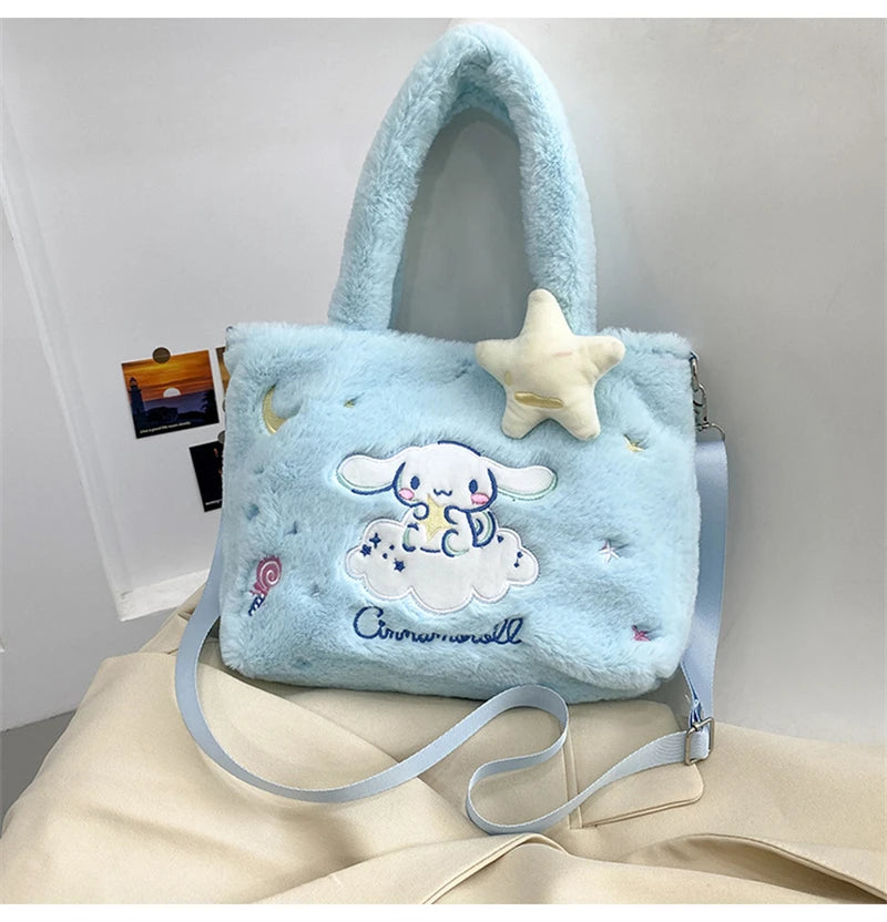 Kawaii Hello Kitty Plush Shoulder Bag | My Melody Cinnamoroll Kuromi Cute Cartoon Anime Handbag (Soft Storage Bag for Women & Girls) Luxegan