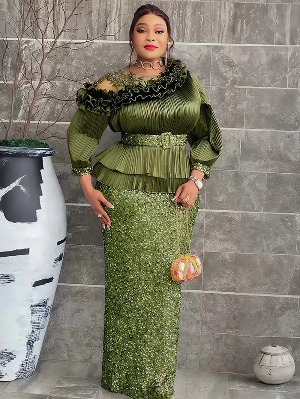 Luxury Sequin Kaftan Maxi Gown | African-Inspired Diamond Patchwork Evening Dress | Ankle-Length Zipper Slim Fit Sheath Dress Luxegan