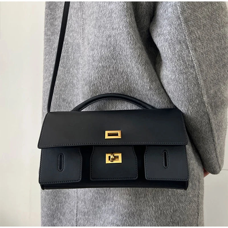 Genuine Leather Solid Satchel | Soft Black Lock Design Shoulder Crossbody Bag Luxegan