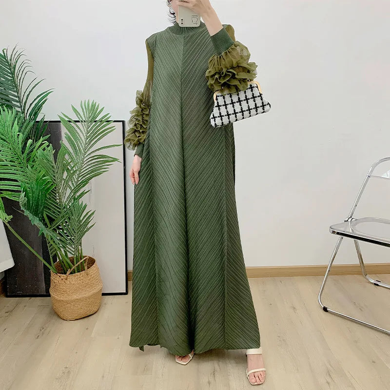 Solid Round Neck Long Sleeve Knotted Flower Trim Loose Fit Mid-Calf Dress – Natural Waist, Summer Luxegan