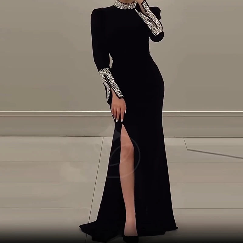 Elegant Solid High Slit Party Dress Temperament Long Sleeve Slim Evening Gala Dress Turtleneck Rhinestone Banquet Dress Women