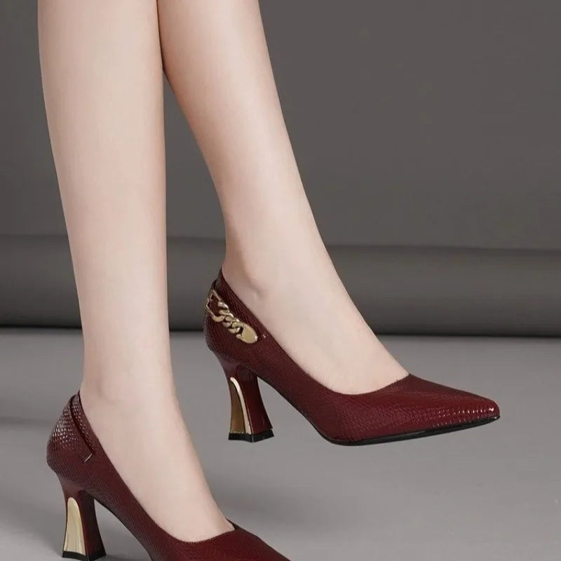 Wine Snakeskin Stiletto High Heels | Sophisticated Pointed Toe Women’s Pumps | Elegant "Handmade Snakeskin Pattern" Silhouette | "Dignified" Square Heel Stability for Radiant Versatile Styling Luxegan