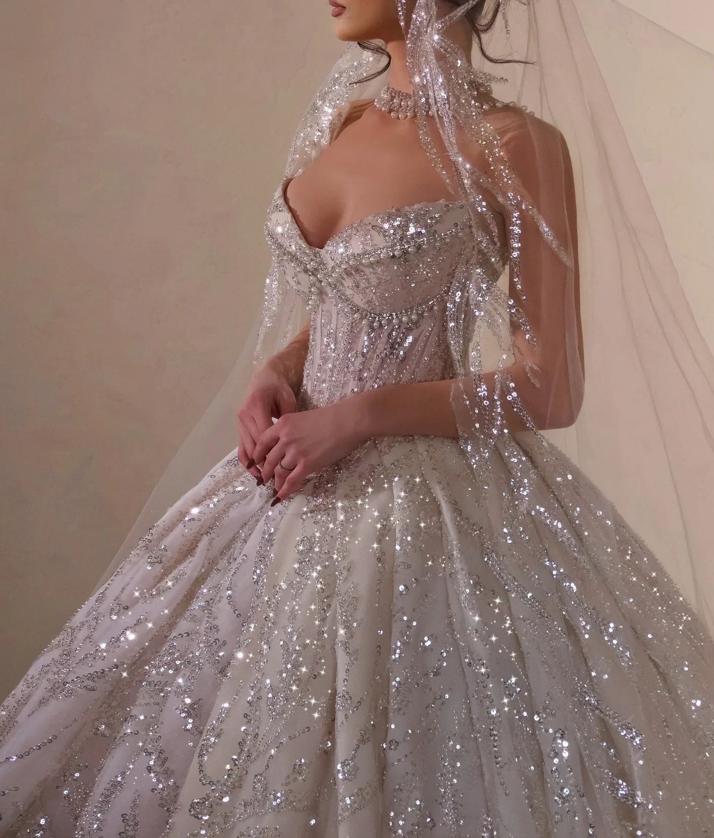 Luxury Sparkling Princess Wedding Dress | Customized Pearl Bridal Ball Dress | Strapless Sleeveless V-Neck Satin A-Line Bridal Gown with Sweep Train Luxegan