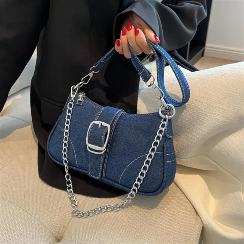 Denim Solid Casual Tote | Soft Chic Sequined Chain Underarm Shoulder Bag Luxegan