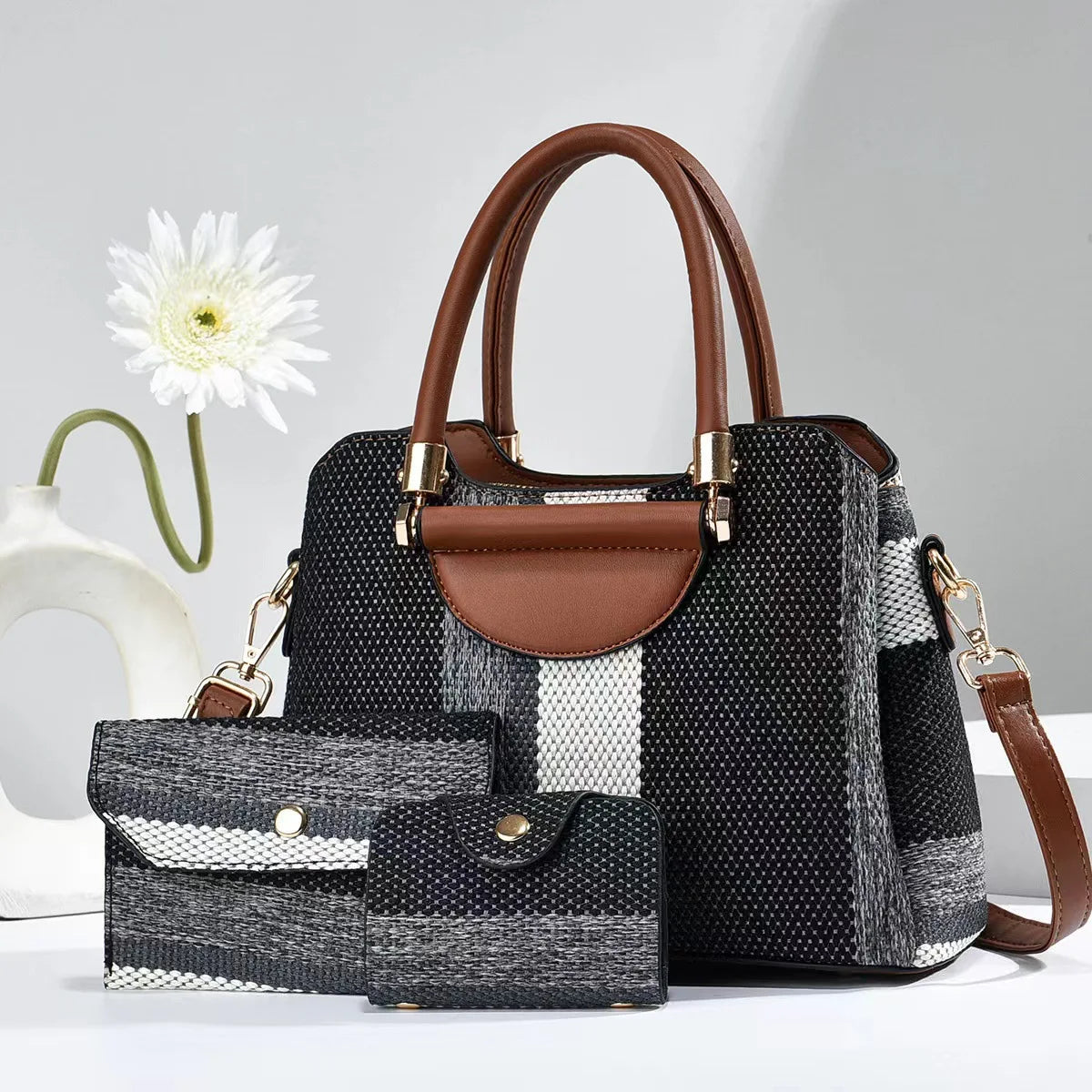 3-Piece Set Fashion Women's Handbags | Striped Leather Totes & Top-Handle Bag Luxegan