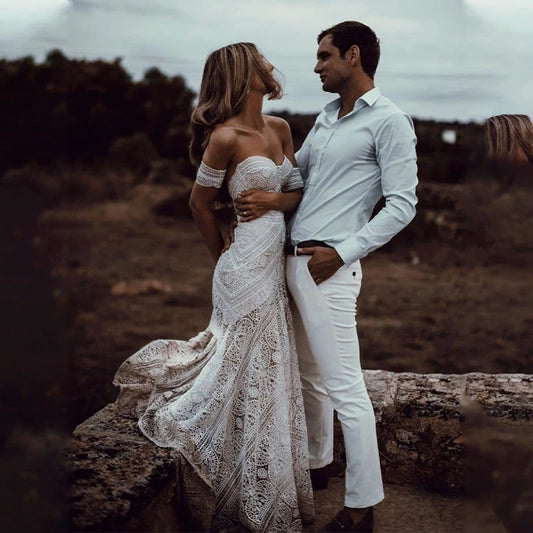Vestidos De Novia De Sirena De Encaje Con Manga Desmontable Escote Corazón Cola Barrida Hechos A Medida Vestido De Novia