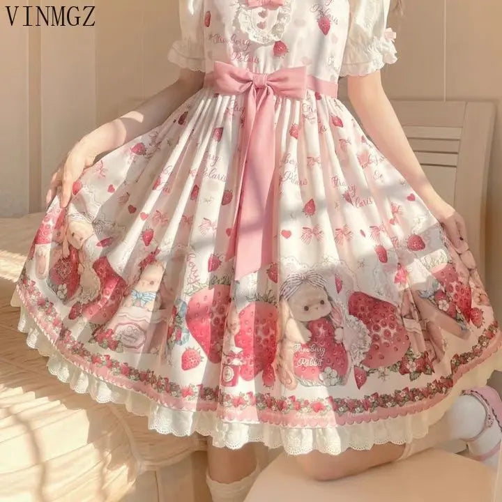 Falling Rabbit Berry Lolita Pink Cute SJK Dress Lolita Big Skirt Girls Birthday Show Cake Dress  birthday dress for women