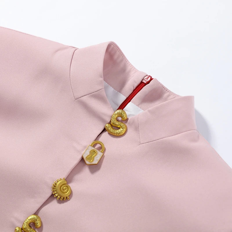 Elegant Solid Buttons Long Dress Women Waist Cinched Shoulder Pads High Collar Slit Dresses 2026 Spring Summer Lady Party Robes