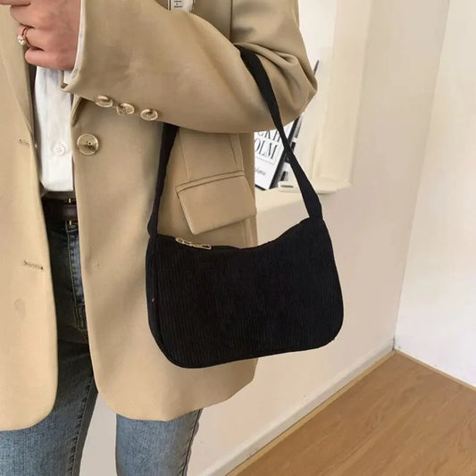 Retro Underarm Bag | Women's Half Moon Shoulder Bag & Fashion Solid Color Small Handbags (New Zipper Corduroy Clutch) Luxegan