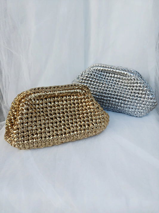 Metallic Lustre Crochet Underarm Bag | Sophisticated Cloth-Strip Woven Clutch | Elegant Large-Capacity Knit Tote | "Dignified" Soft Polyester Handbag for Versatile Everyday Chic Luxegan