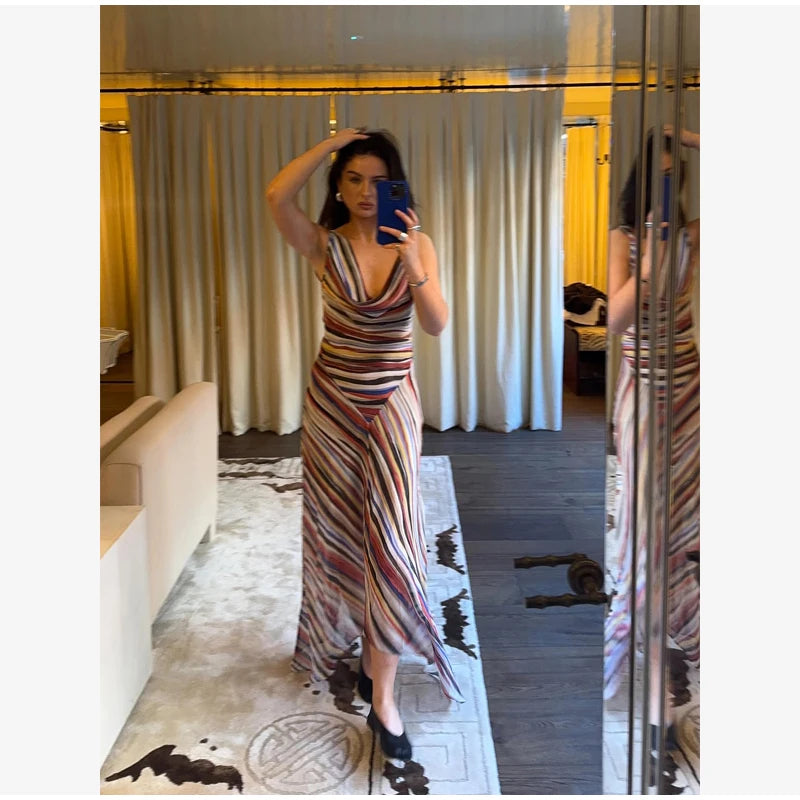 2026 Women Colorful Wavy Striped Maxi Dress Chic Swinging Collar Sleeveless Slim Waist Holiday Dresses Summer Lady Vacation Robe