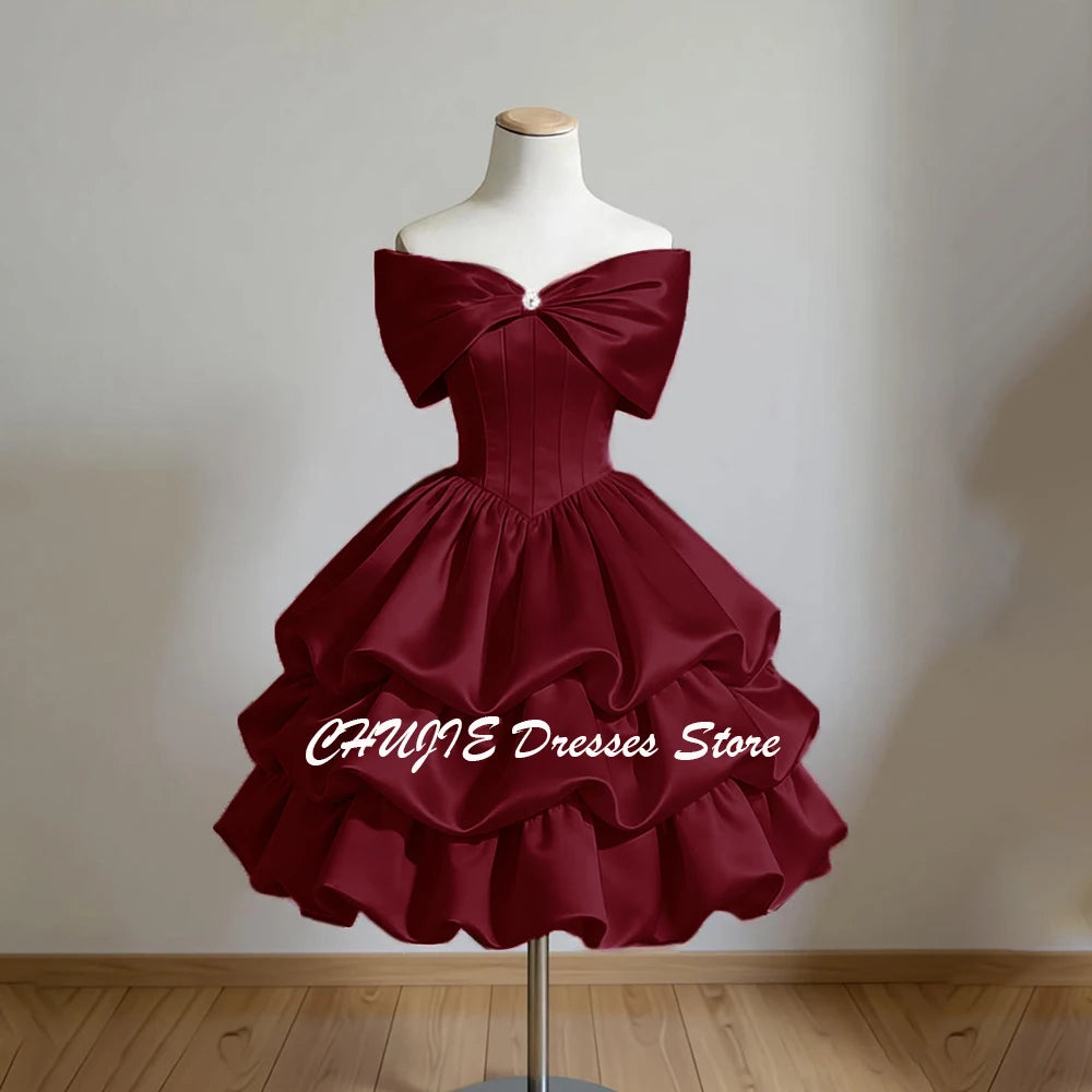 Vintage Off-The-Shoulder Homecoming Mini Dress | Crystal Bow Tiered Graduation Dress | Sleeveless Knee-Length Satin Sweet 15 16 Prom Gown Luxegan