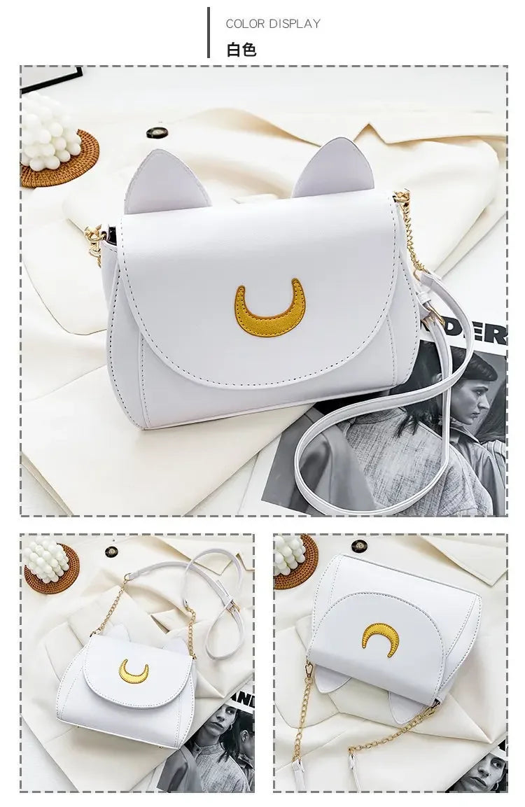 Sailor Moon Inspired Luna Cat Bag | Sophisticated PU Leather Square Shoulder Purse | Elegant Black Chain-Strap Messenger | "Dignified" Soft Crossbody for Versatile Fashion Styling Luxegan