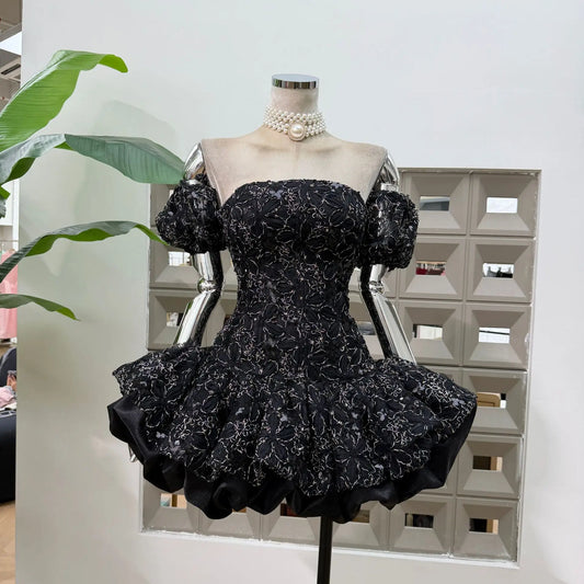 Glitter Sequin Lace Strapless A-Line Mini Dress | Off-Shoulder Floral Evening Party Prom Gown Luxegan