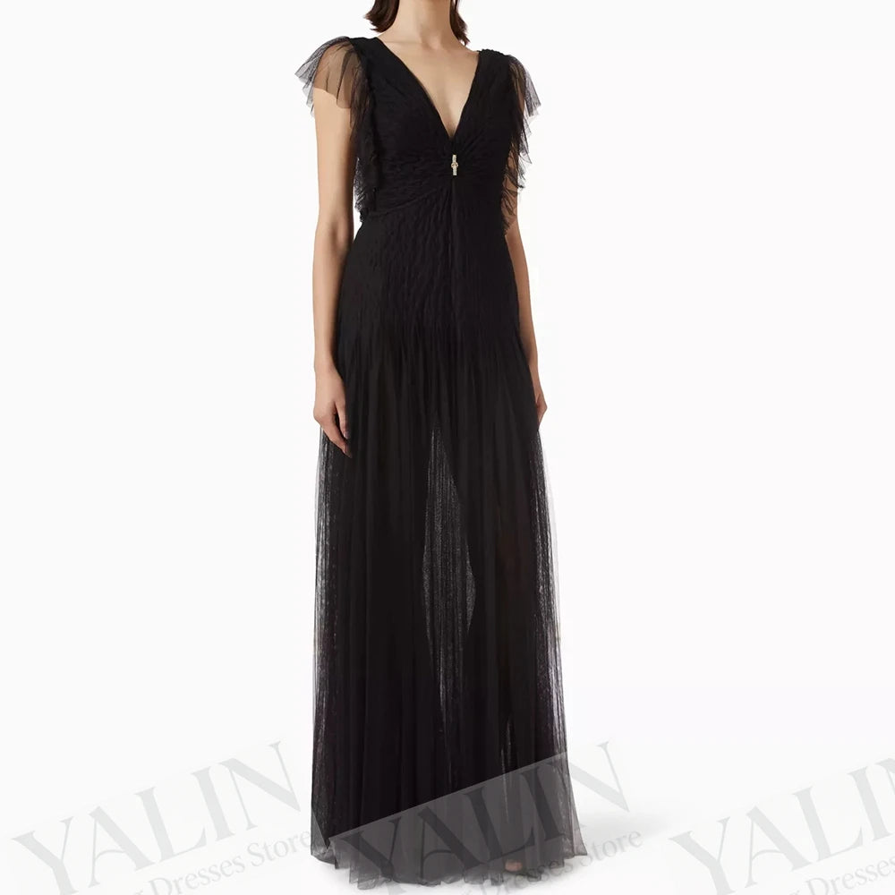  Ruched Draped A-Line Prom Dress | V-Neck Sleeveless Floor-Length Evening Gown Luxegan