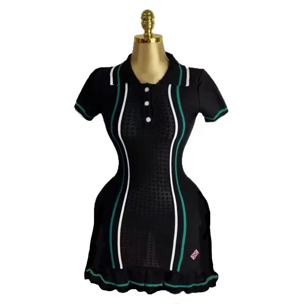 Turn-Down Collar Ruffle Knit Mini Dress | Short Sleeve Slim Sexy Streetwear Vintage Party Dress Luxegan
