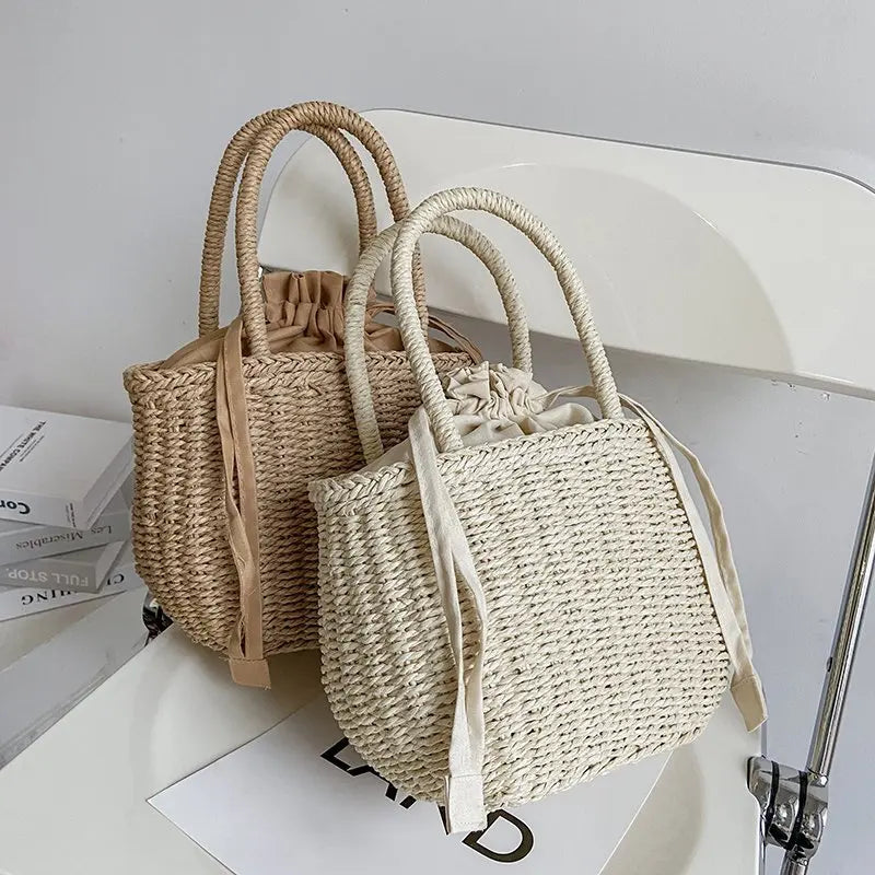 Women’s Summer Straw Rattan Handbag | Sophisticated Woven Small Clutch & Basket Bag | Elegant Retro Beach Vacation Tote | "Dignified" Soft Bucket Purse for Versatile Holiday Styling Luxegan