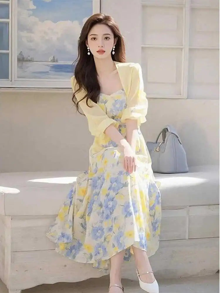 Summer Large Size Women's Faionable Sun Protection Open Cardigan Top Waist Cinching Floral Dr Gentle Wind Two-Piece Set
