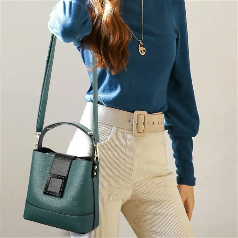 New Versatile Leather Bucket Tote Bag | Sophisticated Trendy Female Shoulder Handbag | Elegant Large Capacity Fashion Crossbody | Luxury Vintage Business Bag with Hasp & Zipper Closure Luxegan