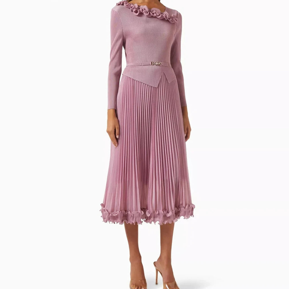 Ruched Sash Draped A-Line Prom Dress | V-Neck Full Sleeve Tea-Length Evening Gown Luxegan