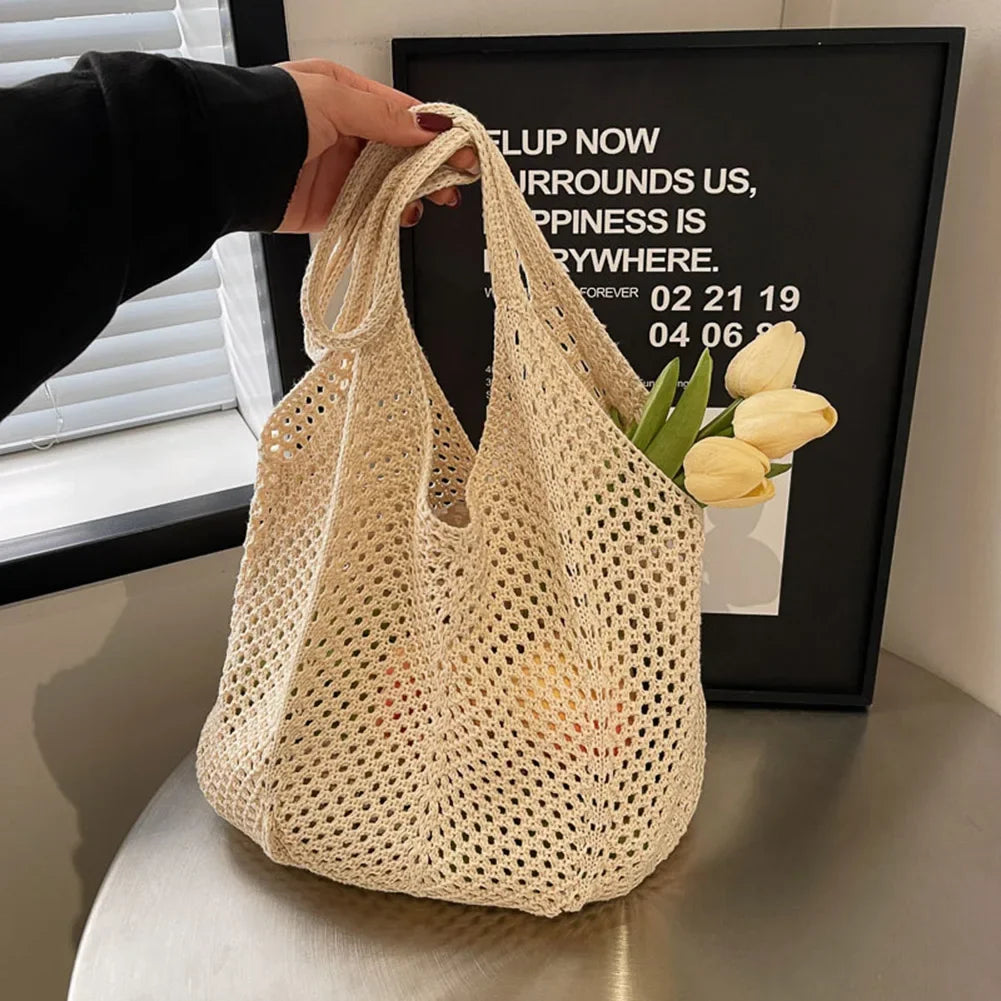 Fashionable Women’s Open-Weave Shoulder Bag | Large Capacity Knitted Underarm Bag | Minimalist Crochet Handbag | Summer Mesh Beach Bag for Vacation & Leisure Luxegan