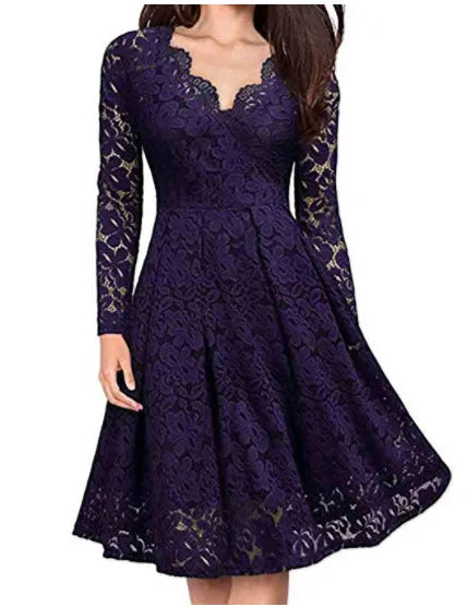 Solid V-Neck Full-Length Sleeve Slim Fit A-Line Knee-Length Dress – High Stretch Polyester-Cotton Broadcloth, Empire Waist, Summer Luxegan
