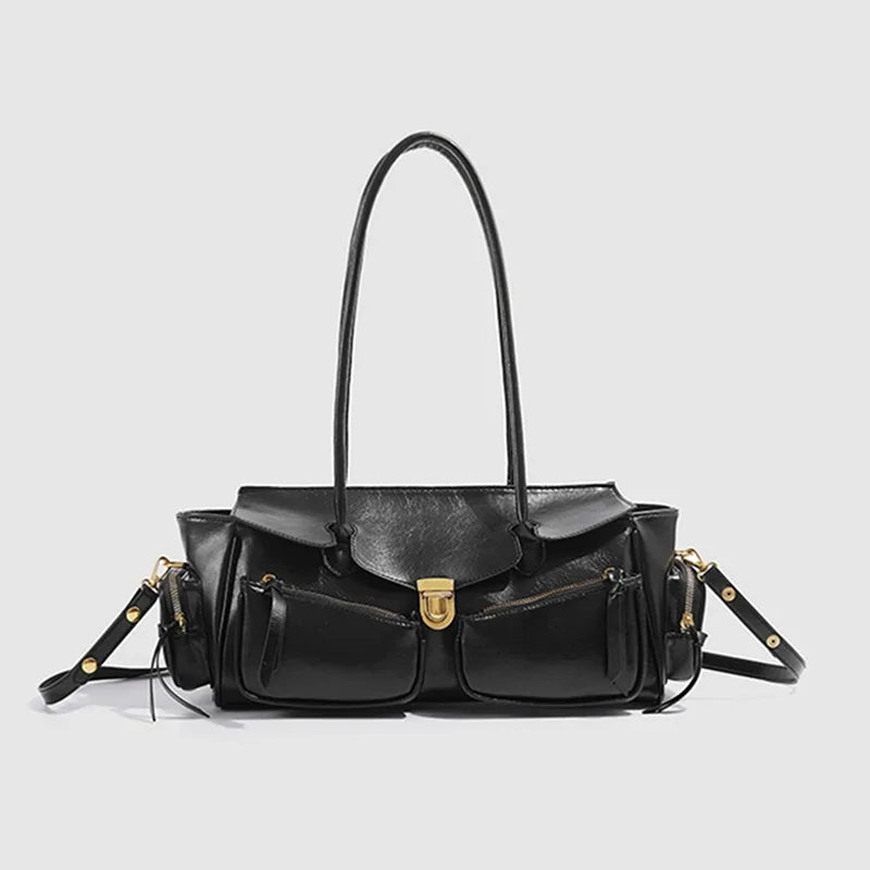 Vintage Underarm Bag for Women | Soft Split Leather Multi-Pocket Shoulder Handbag (Luxury Designer, Half Moon Shape) Luxegan