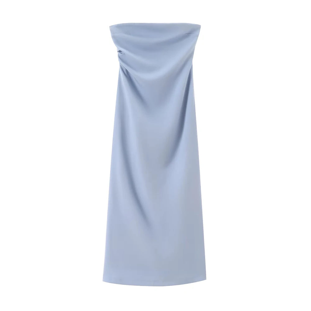 Strapless Gathered Straight-Neck Midi Dress | Solid Non-Stretch Back-Slit Cocktail Gown | Tailored Mid-Calf Regular Fit Dress Luxegan