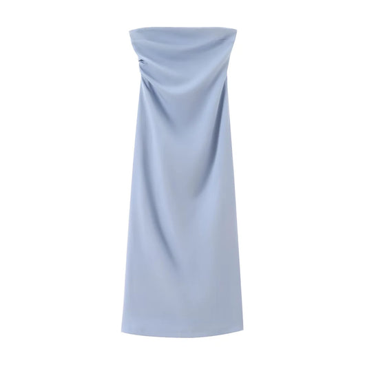 Strapless Gathered Straight-Neck Midi Dress | Solid Non-Stretch Back-Slit Cocktail Gown | Tailored Mid-Calf Regular Fit Dress Luxegan
