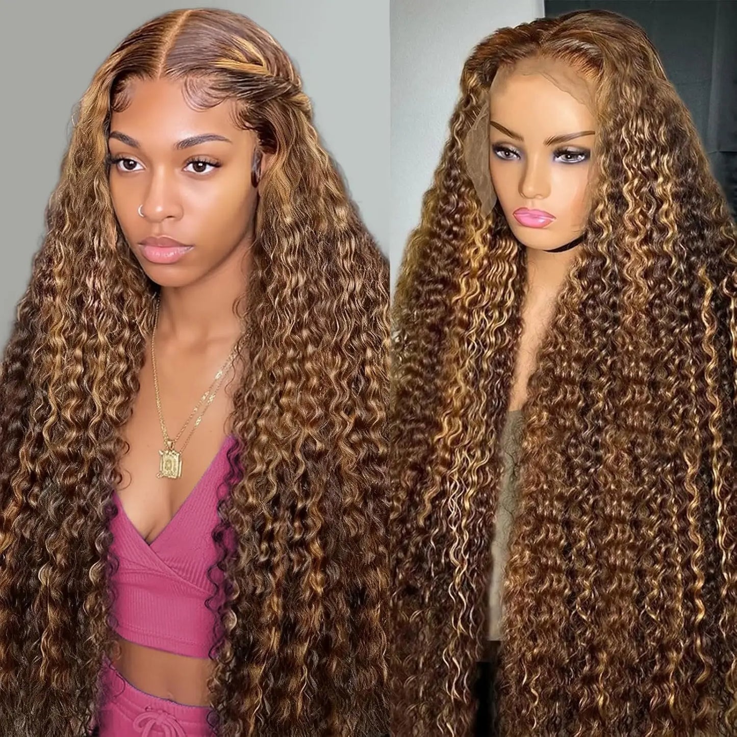 250% Density Honey Blonde Highlight Deep Wave HD Lace Wig | Sophisticated 13x6 & 13x4 Transparent Frontal | Elegant "100% Brazilian Remy" Silhouette | "Dignified" Pre-Plucked Ombre Colored Human Hair for Radiant Versatile Styling Luxegan