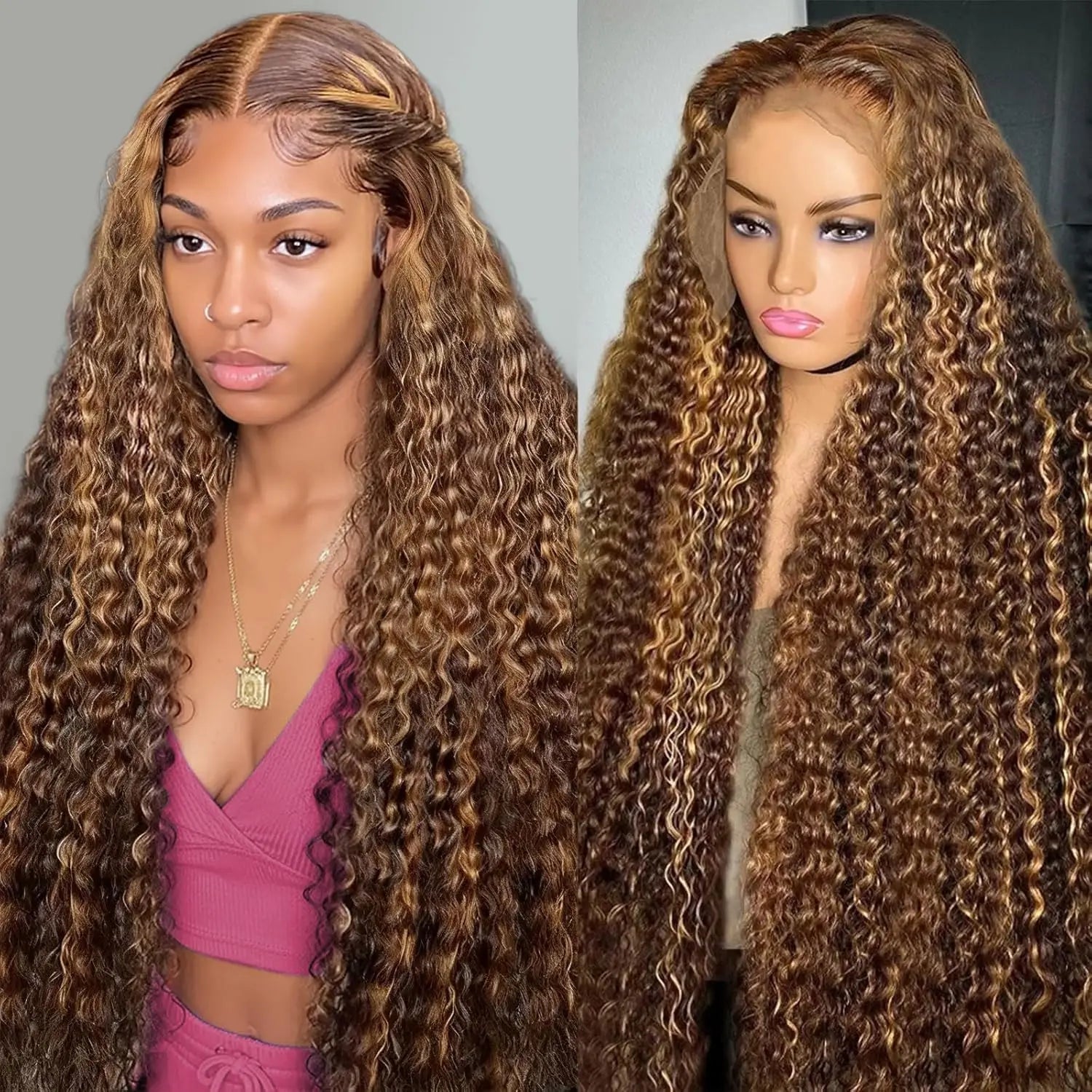250% Density Honey Blonde Highlight Deep Wave HD Lace Wig | Sophisticated 13x6 & 13x4 Transparent Frontal | Elegant "100% Brazilian Remy" Silhouette | "Dignified" Pre-Plucked Ombre Colored Human Hair for Radiant Versatile Styling Luxegan