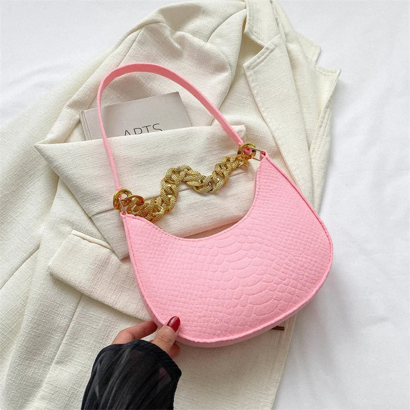 Fashion Women's Felt Handbag | Imitation Metal Chain Underarm Bag (Retro Ladies Solid Color Shoulder Bag, Trendy Casual Clutch Purse) Luxegan