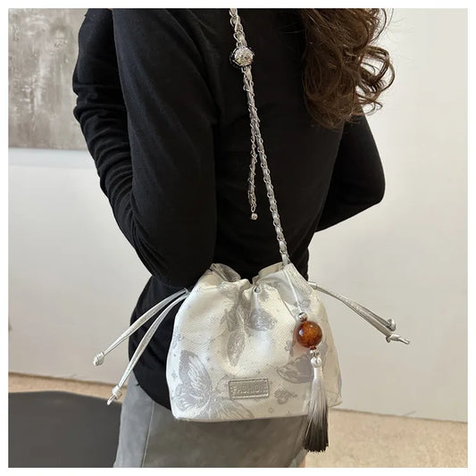 Polyester Chinese Style Pleated Bucket Bag | Soft Single-Strap Crossbody Luxegan