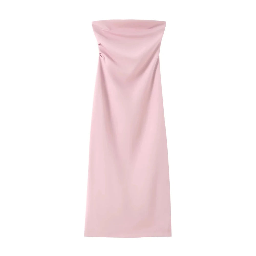 Strapless Gathered Straight-Neck Midi Dress | Solid Non-Stretch Back-Slit Cocktail Gown | Tailored Mid-Calf Regular Fit Dress Luxegan